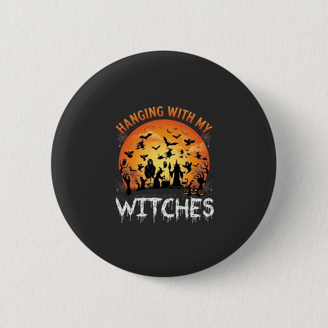 Hanging Witches Halloween Moon Bats Pumpkins_1 2 Inch Round Button (Front)