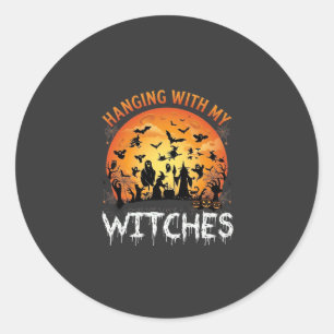 Hanging Witches Halloween Moon Bats Pumpkins_1 Classic Round Sticker