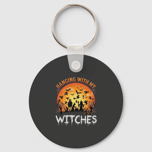 Hanging Witches Halloween Moon Bats Pumpkins_1 Keychain (Front)