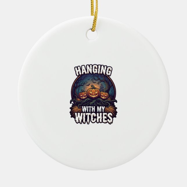 Hanging Witches Halloween Pumpkins Haunted Forest  Ceramic Ornament (Front)