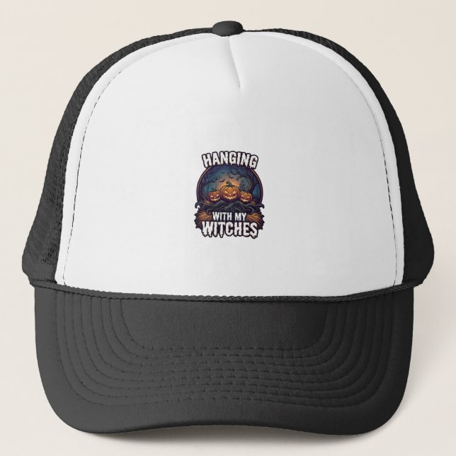 Hanging Witches Halloween Pumpkins Haunted Forest  Trucker Hat (Front)