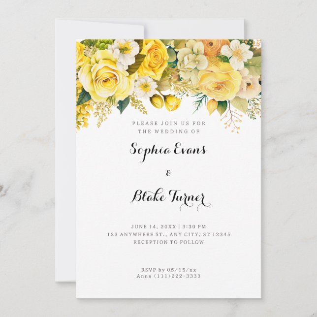 Hanging Yellow Flowers White Garden Wedding Invitation (Front)