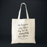 Hangover Memories Funny Wedding Favour Tote Bag<br><div class="desc">Funny and cute wedding favour or wedding welcome tote bags feature "the hangover only lasts a day, but the memories last a lifetime" in black script typography with your names and wedding date beneath. Stuff with morning-after goodies like pain reliever, water and an eye mask to create a hangover recovery...</div>