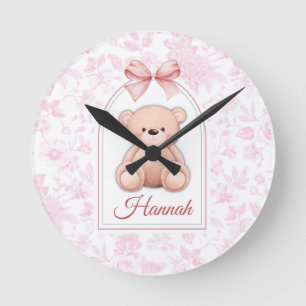 Hannah Custom Pink Teddy Bear Nursery Design Round Clock