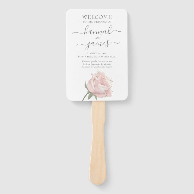 Hannah | Romantic Blush Rose Calligraphy Hand Fan (Front)
