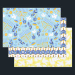 Hannukah Wrapping Paper Sheets<br><div class="desc">Featuring 3 large sheets of Hannukah themed designs, including doves, the wording Happy Hannukah and a mixed sheet contain images of the minorah, doves, dradels and more</div>