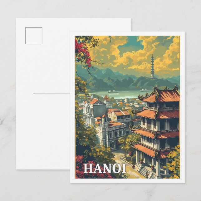 Hanoi Vietnam Vintage Art Travel Illustration Postcard (Front/Back)