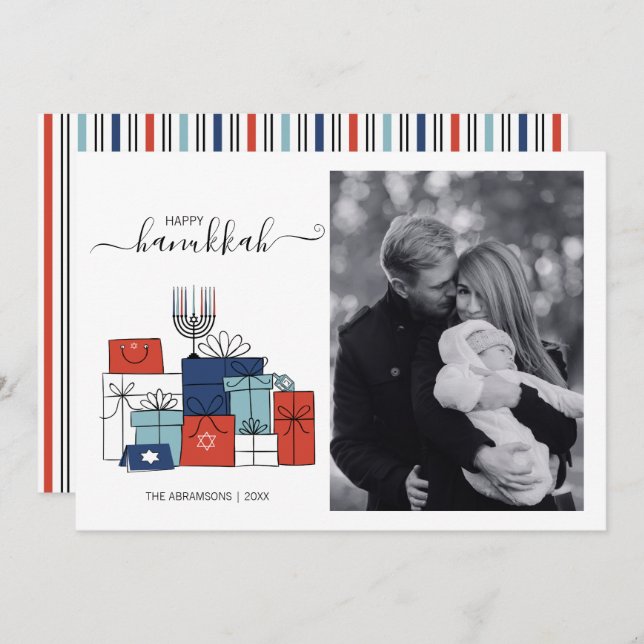 Hanoukka Cadeaux & Menorah Carte photo de vacances (Devant / Derrière)