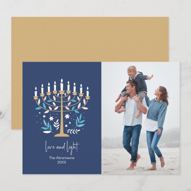 Hanoukka Love & Light Floral Menorah Carte photo (Devant / Derrière)