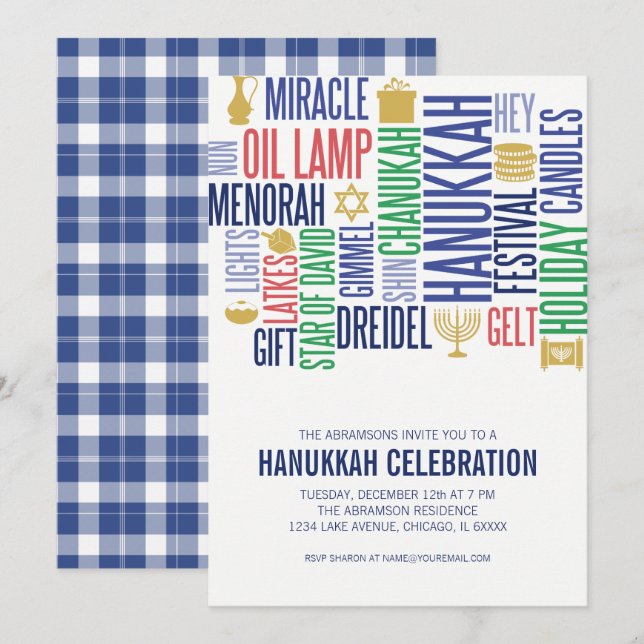 Hanoukka Words Holiday Party Invitation Card (Devant / Derrière)
