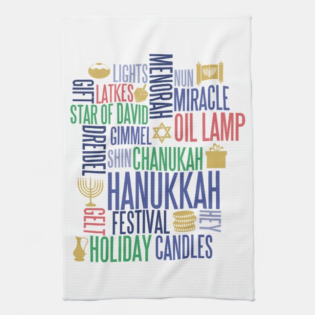 Hanoukka Words Serviette de cuisine de vacances (Vertical)