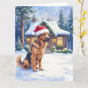Hanoverian Scenthound Snowy Forest Cabin Santa Hat Card