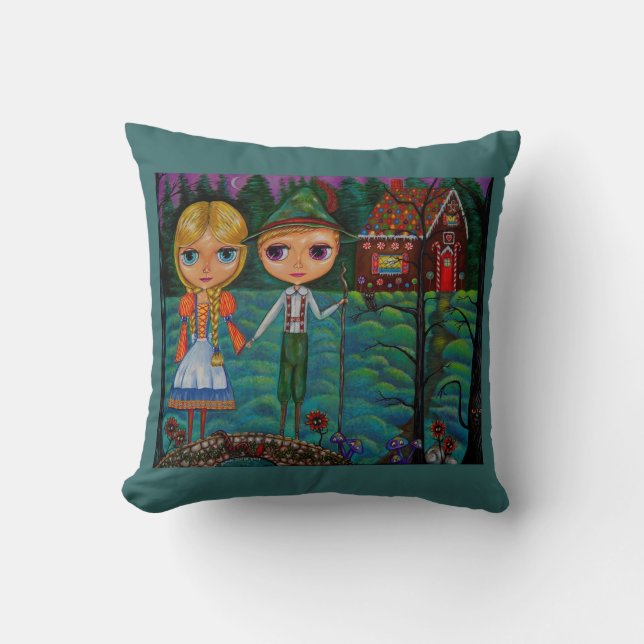 Hansel and Gretel Find the Gingerbread House Throw Pillow (Front)