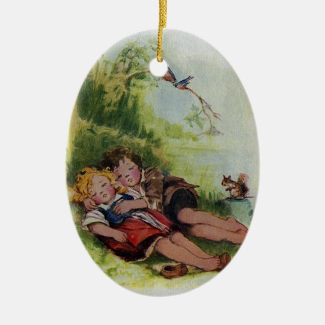 Hansel and Gretel Sleeping in the Woods Ceramic Ornament (Front)