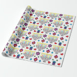 Hanukiah Hanukkah Menorah Colorful Fun Wrapping Paper<br><div class="desc">Hanukiah, Hanukkah Menorah wrapping paper. Colorfully fun wrapping paper filled with drawings of Star of Davids, presents, hearts, and Hanukiahs! Background color can be changed out! Media: Matte Wrapping Paper Make sure every gift you give has a layer of love by creating custom wrapping paper. Available in four types of...</div>