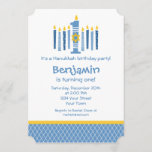 Hanukkah 1st Birthday Invitation<br><div class="desc">Cute personalized design for baby's 1st Hanukkah and birthday with nine blue candles that look like a menorah. Big number 1 with Star of David and customizable text. PinkInkArt original!</div>