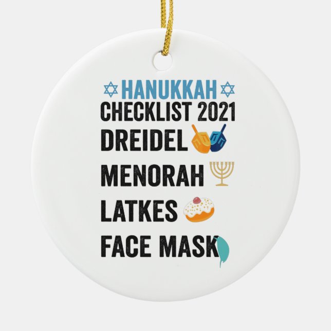 Hanukkah 2021 Checklist Dreidel Menorah Face mask Ceramic Ornament (Front)