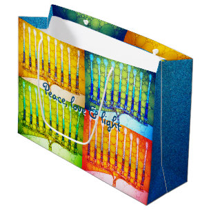 Hanukkah 4 Colourful Menorahs Peace Love Light  Large Gift Bag