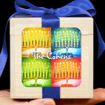 Hanukkah 4 Menorah Yellow Blue Green Red Bold Name Square Sticker<br><div class="desc">A close-up photo of 4 brightly coloured artsy menorah photos help you usher in the holiday of Hanukkah. Feel the warmth and joy of the holiday season whenever you use this stunning, colourful Hanukkah sticker. Matching cards, stamps, tote bags, serving trays, and other products are available in my “Hanukkah Colourful,...</div>