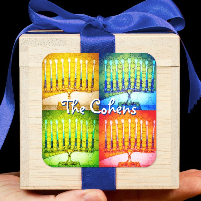 Hanukkah 4 Menorah Yellow Blue Green Red Bold Name Square Sticker (Creator Uploaded)