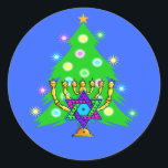 Hanukkah and Christmas Classic Round Sticker<br><div class="desc">Christmas and Hanukkah on gifts for interfaith families that celebrate the joy of Christmas and beauty of Chanukah.  Featuring Xmas tree and menorah with jewish star of david surrounded by holiday presents on greeting cards,  postage,  gift ideas and apparel for the family.</div>