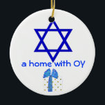 Hanukkah and Christmas Holidays Ceramic Ornament<br><div class="desc">A cute holiday decoration with a sense of humour makes a fun gift for homes combining faiths - Jewish and Christian, Hanukkah and Christmas. The Star of David side says we've got OY and the Santa Claus side says we've got JOY. Coordinating gift wrapped packages have red and blue foil...</div>