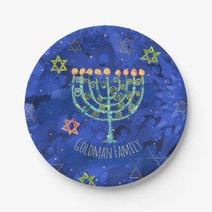 Hanukkah Aqua Menorah Star of David on Blue Paper Plate