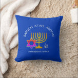 Hanukkah BARUCH ATAH ADONAI Throw Pillow<br><div class="desc">Stylish blue Hanukkah BARUCH ATAH ADONAI Throw Pillow. Design shows a gold coloured MENORAH with multicolored STAR OF DAVID and silver grey DREIDEL. At the top there is curved text which says BARUCH ATAH, ADONAI (Blessed are You, O God) and underneath the text reads HANUKKAH BLESSINGS. ALL TEXT IS CUSTOMIZABLE,...</div>