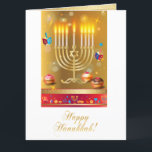 Hanukkah Beautiful Gold Menorah Jewish Holiday Thank You Card<br><div class="desc">Happy Hanukkah Beautiful Jewish Holiday Greeting Card. Jewish Holiday Hanukkah background with traditional Chanukah symbols - wooden dreidels (spinning top),  doughnuts,  menorah,  candles,  star of David and glowing lights wallpaper pattern. Hanukkah Festival Decoration. Jerusalem,  Israel. Invitations & Stationery,  Greeting Cards,  Thank You!</div>