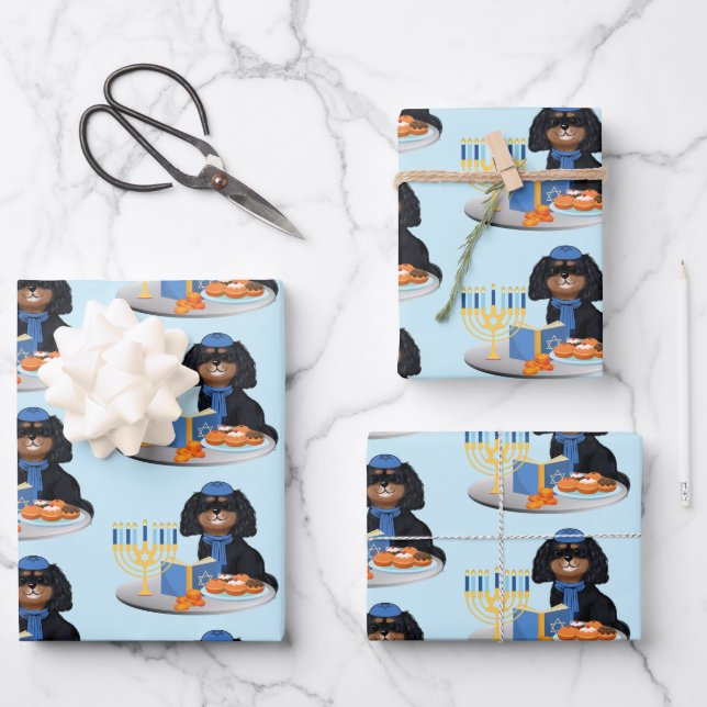 Hanukkah Black and Tan Cavalier King Charles Spani Wrapping Paper Sheet (Front)
