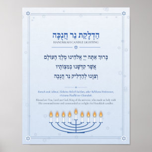 Hanukkah Blessing Hebrew Poster - Blue & Silver