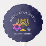 Hanukkah Blessings | BARUCH ATAH ADONAI | Chanukah Balloon<br><div class="desc">Stylish, modern HANUKKAH balloon. Design shows a gold coloured MENORAH with multicolored STAR OF DAVID and silver grey DREIDEL. At the top there is curved text which says BARUCH ATAH, ADONAI (Blessed are You, O God) and underneath the text reads HANUKKAH BLESSINGS. ALL TEXT IS CUSTOMIZABLE, so you can personalize...</div>