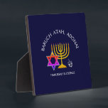 Hanukkah Blessings | BARUCH ATAH ADONAI | Chanukah Plaque<br><div class="desc">Stylish, modern HANUKKAH plaque. Design shows a gold coloured MENORAH with multicolored STAR OF DAVID and silver grey DREIDEL. At the top there is curved text which says BARUCH ATAH, ADONAI (Blessed are You, O God) and underneath the text reads HANUKKAH BLESSINGS. ALL TEXT IS CUSTOMIZABLE, so you can personalize...</div>