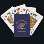 Hanukkah Blessings | BARUCH ATAH ADONAI | Chanukah Playing Cards<br><div class="desc">Stylish, modern HANUKKAH playing cards. Design shows a gold coloured MENORAH with multicolored STAR OF DAVID and silver grey DREIDEL. At the top there is curved text which says BARUCH ATAH, ADONAI (Blessed are You, O God) and underneath the text reads HANUKKAH BLESSINGS. ALL TEXT IS CUSTOMIZABLE, so you can...</div>