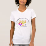 Hanukkah Blessings | BARUCH ATAH ADONAI | Hebrew T-Shirt<br><div class="desc">Modern, stylish HANUKKAH BLESSINGS T-shirt. Design shows a gold coloured MENORAH with multicolored STAR OF DAVID and silver grey DREIDEL. At the top there is curved text which says BARUCH ATAH, ADONAI (Blessed are You, O God) and underneath the text reads HANUKKAH BLESSINGS. ALL TEXT IS CUSTOMIZABLE, so you can...</div>
