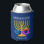 Hanukkah Blessings Can Cooler<br><div class="desc">Modern, stylish HANUKKAH BLESSINGS can cooler, designed with large menorah (hanukkiyah) at the centre, and blue dreidel and colourful Star of David on either side. Text reads HANUKKAH BLESSINGS and FROM OUR HOME TO YOURS. Both of these are CUSTOMIZABLE so you can customize with your own message, add your name...</div>