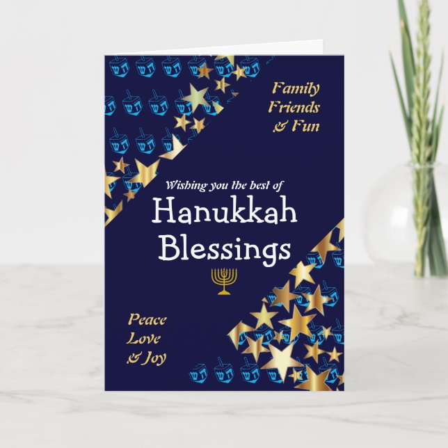 HANUKKAH BLESSINGS Dreidel Menorah Stars Religious Holiday Card (Front)
