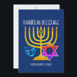 HANUKKAH BLESSINGS | From Our Home To Yours Holiday Card<br><div class="desc">Modern, stylish HANUKKAH BLESSINGS Greeting Card, designed with large menorah (hanukkiyah) at the centre, and blue dreidel and colourful Star of David on either side. Text reads HANUKKAH BLESSINGS and FROM OUR HOME TO YOURS. Both of these are CUSTOMIZABLE so you can personalize with your own message, add your name...</div>