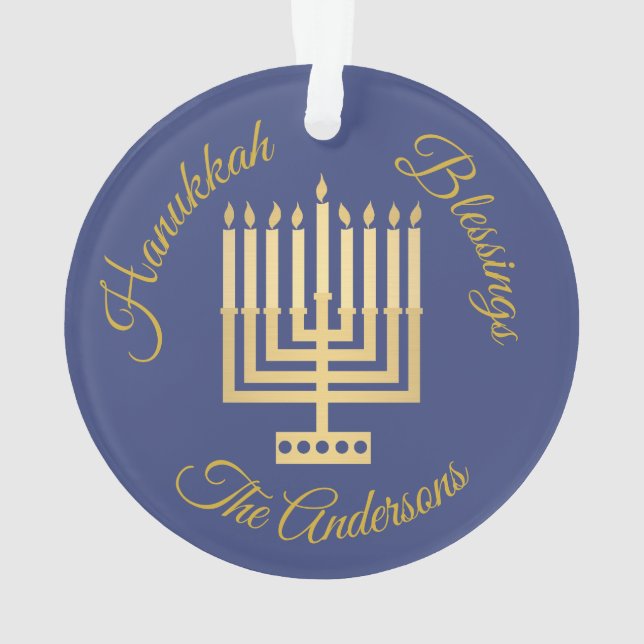Hanukkah Blessings Gold Menorah Personalized Ornament (Back)