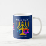 Hanukkah Blessings Monogram Coffee Mug<br><div class="desc">Modern, stylish HANUKKAH BLESSINGS coffee mug, designed with large menorah (hanukkiyah) at the centre, and blue dreidel and colourful Star of David on either side. Text reads HANUKKAH BLESSINGS and FROM OUR HOME TO YOURS. Both of these are CUSTOMIZABLE so you can customize with your own message, add your name...</div>