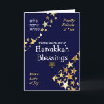 HANUKKAH BLESSINGS Peace Love Joy Stars HEBREW Holiday Card<br><div class="desc">Stylish blue and gold HANUKKAH GREETING CARD to wish your family and friends a Happy Hanukkah, which says WISHING YOU THE BEST OF HANUKKAH BLESSINGS in white typography with FAMILY, FRIENDS & FUN and PEACE, LOVE & JOY in gold coloured typography in the corners. PEACE, LOVE, JOY is also written...</div>