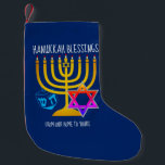 HANUKKAH BLESSINGS SMALL CHRISTMAS STOCKING<br><div class="desc">Modern, stylish HANUKKAH BLESSINGS Greeting Card, designed with large menorah (hanukkiyah) at the centre, and blue dreidel and colourful Star of David on either side. Text reads HANUKKAH BLESSINGS and FROM OUR HOME TO YOURS. Both of these are CUSTOMIZABLE so you can customize with your own message, or add your...</div>