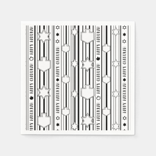 Hanukkah Blk N White Dreidels N Stars Napkin (Front)