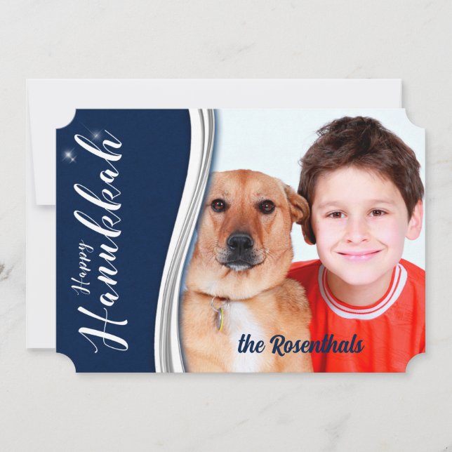 Hanukkah Blue and White with Photo and Name Holiday Card (Front)