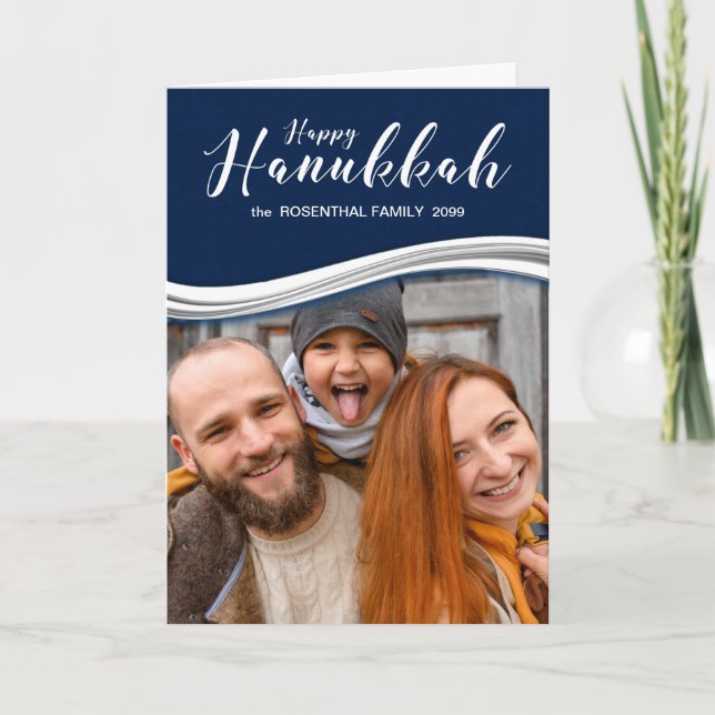Hanukkah Blue and White with Your Photo and Name Holiday Card (Front)