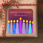 Hanukkah Blue Boho Candles Red Peace Love Light Square Sticker<br><div class="desc">“Peace, love & light.” A playful, modern, artsy illustration of boho pattern candles helps you usher in the holiday of Hanukkah. Assorted blue candles with colourful faux foil patterns overlay a rich, deep burnt red orange textured background. Feel the warmth and joy of the holiday season whenever you use this...</div>