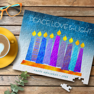 Hanukkah Blue Boho Candles, Turquoise "Peace Love" Jigsaw Puzzle
