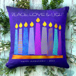 Hanukkah Blue Boho Pattern Candle Peace Love Light Throw Pillow<br><div class="desc">“Peace, love & light.” A playful, modern, artsy illustration of boho pattern candles in a menorah helps you usher in the holiday of Hanukkah. Assorted blue candles with colourful faux foil patterns overlay a rich, deep blue textured background. Faux hot pink purple pattern foil on a cornflower blue background for...</div>