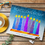 Hanukkah Blue Candles Turquoise Peace Love Light Jigsaw Puzzle<br><div class="desc">“Peace, love & light.” A playful, modern, artsy illustration of boho pattern candles in a menorah helps you usher in the holiday of Hanukkah. Assorted blue candles with colourful faux foil patterns overlay a turquoise gradient to white textured background. Feel the warmth and joy of the holiday season whenever you...</div>