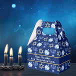 Hanukkah Blue Menorah Dreidel Pattern Custom Party Favor Box<br><div class="desc">Beautiful Hanukkah party favour box in pretty blue with a cool pattern of Judaism star,  dreidel for fun Chanukah games,  and the Jewish menorah for the holiday. Monogram with your own gift message from your family.</div>